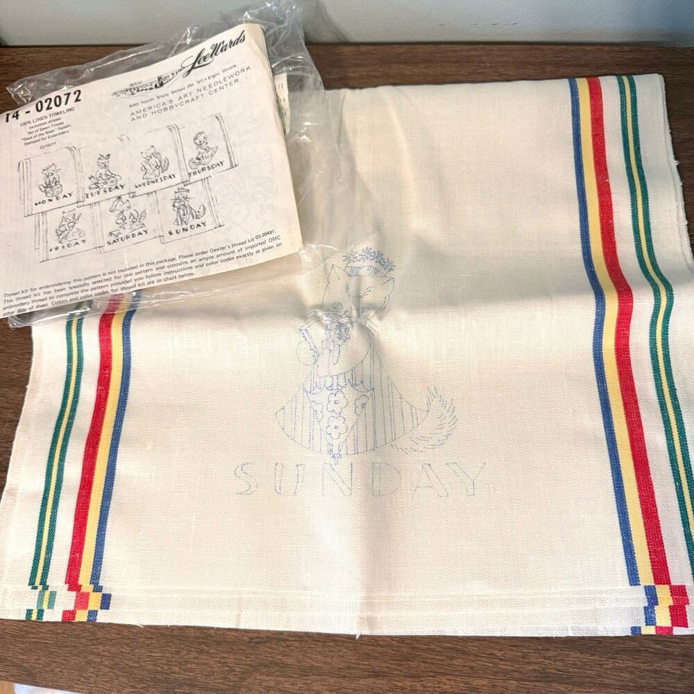 Vintage Days of the Week Linen Towel Set Cats Stamped for Embroidery New